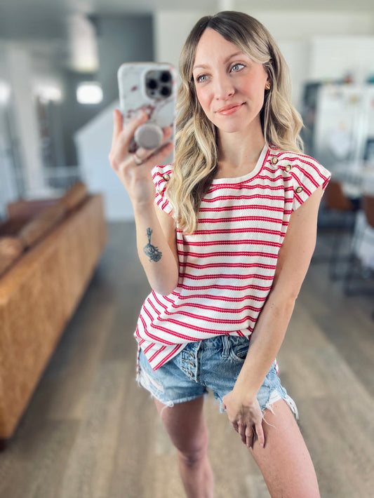 Red Stripe Button Top