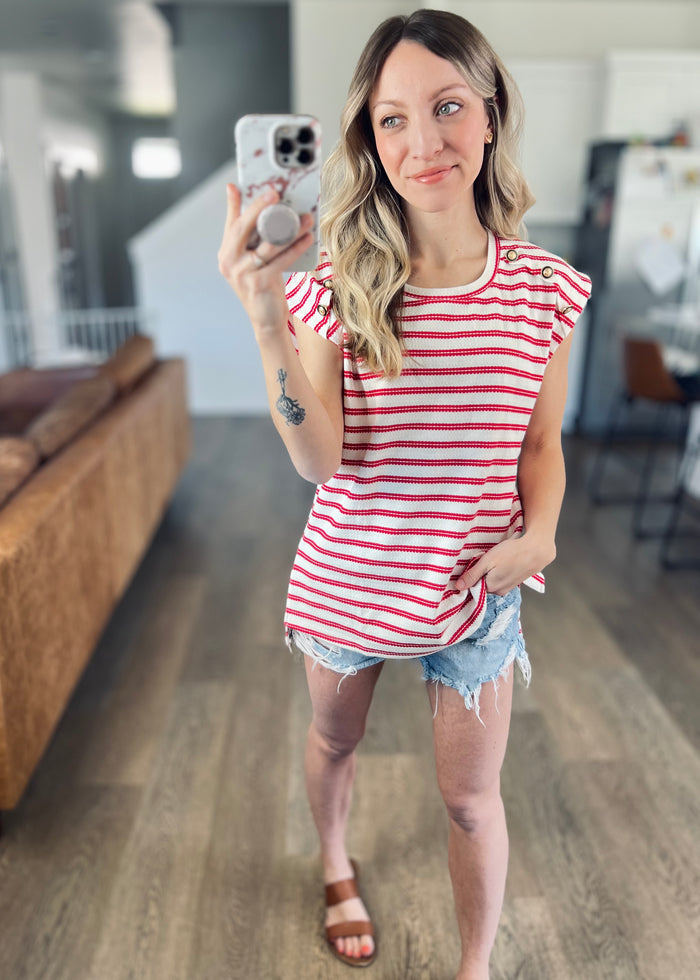 Red Stripe Button Top