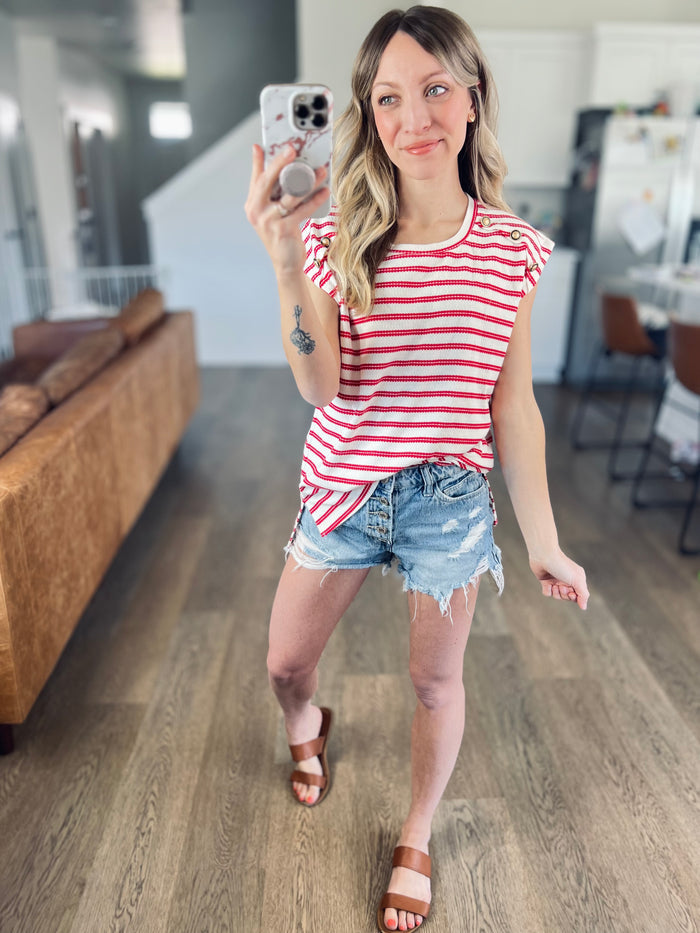 Red Stripe Button Top