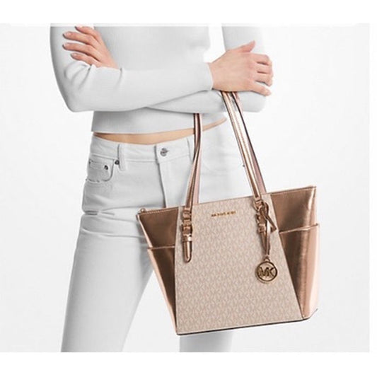 RETAIL $448 Michael Kors Charlotte Large Signature Logo Metallic Top-Zip Tote