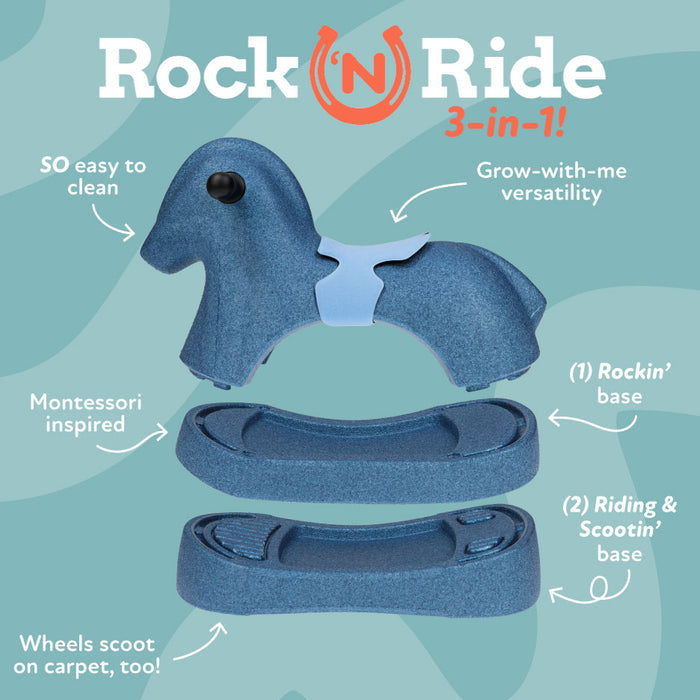 Rock 'N Ride | Blue is a 3-in-1 ride-on toy with a main horse body, detachable rocking base, and caster board with wheels. Made of waterproof EPP foam. Features and benefits are labeled around the image.