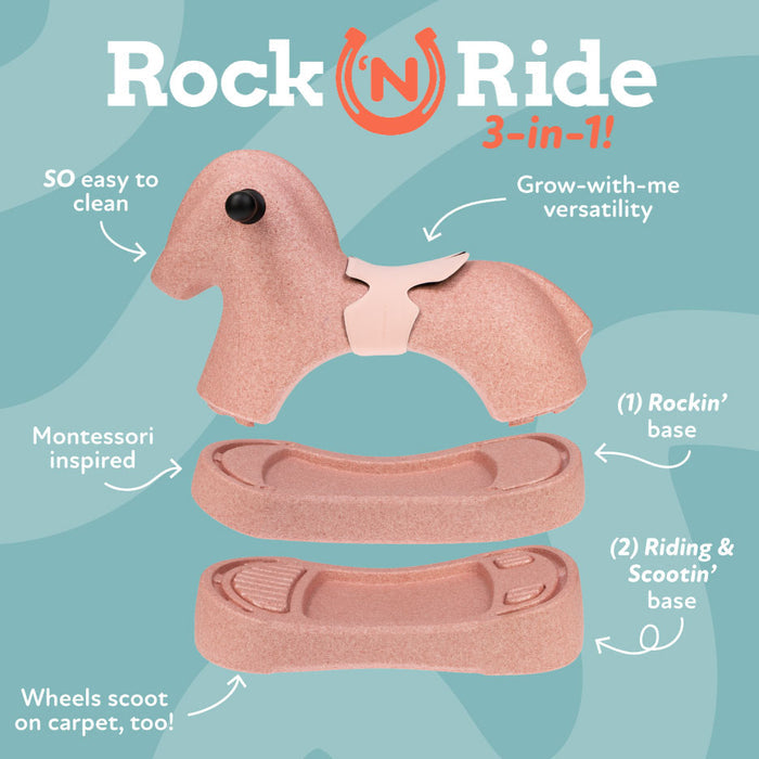 The Rock 'N Ride | Pink is a 3-in-1 children’s ride-on toy featuring a horse-shaped rocker, rocking base, and wheeled riding base. Made of easy-to-clean EPP foam, it’s inspired by Montessori concepts for imaginative play.