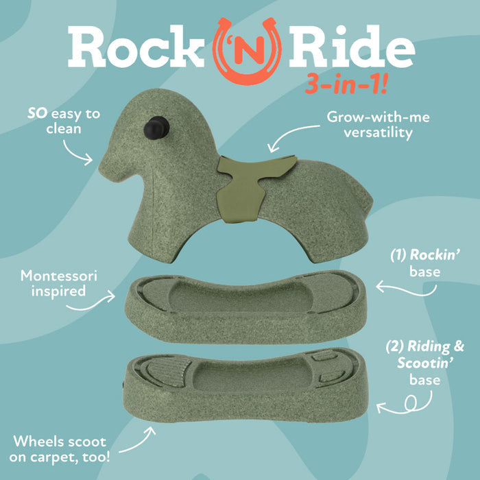 Rock 'N Ride | Sage is a 3-in-1 ride-on toy with detachable parts for riding, rocking, and scooting. Made from waterproof EPP foam, it's easy to clean, Montessori-inspired, grows with your child, and has wheels for indoor toddler fun.