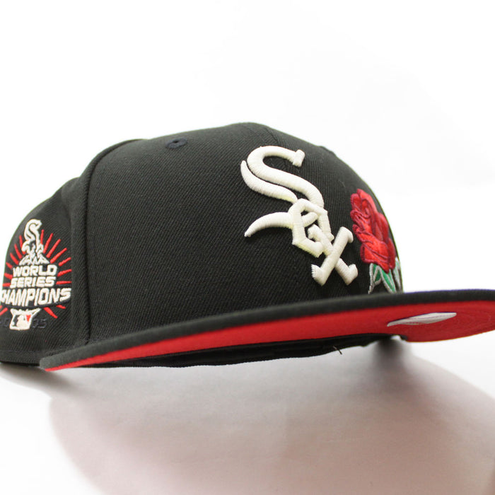 Rose Chicago White Sox 2005 World Series Champions New Era Fitted 59Fifty Hat (Glow in the Dark Black Red Under Brim)