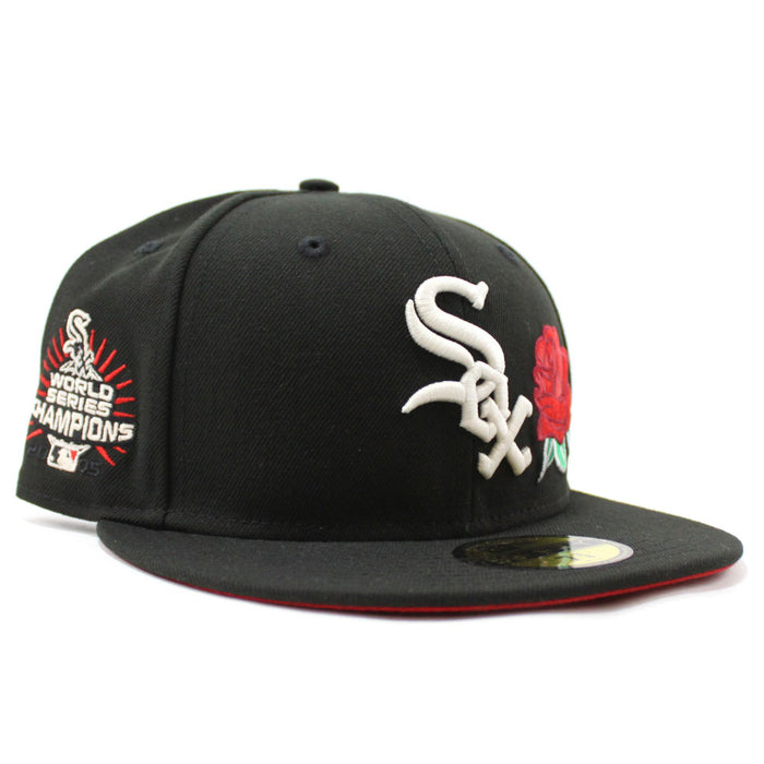 Rose Chicago White Sox 2005 World Series Champions New Era Fitted 59Fifty Hat (Glow in the Dark Black Red Under Brim)