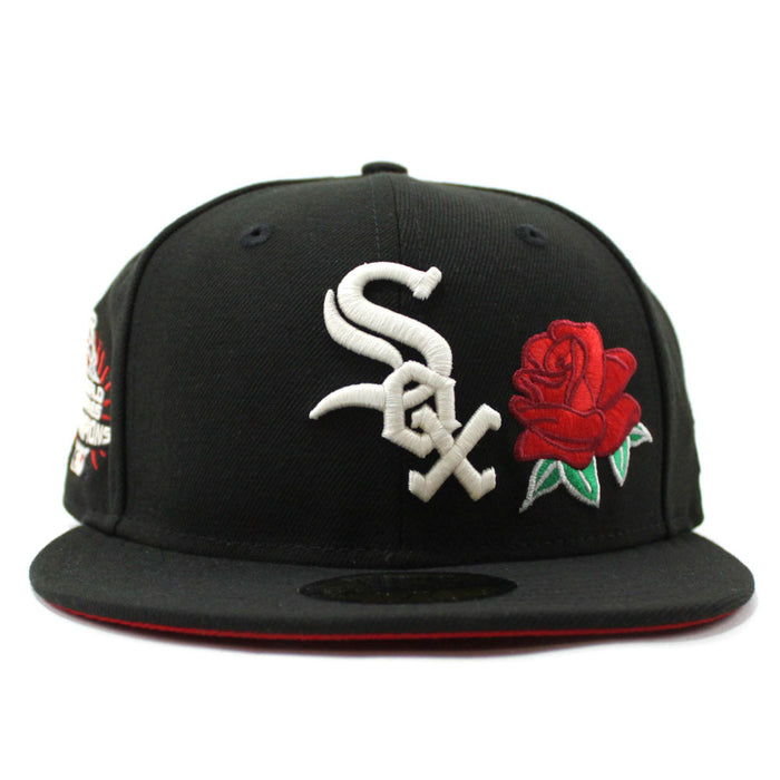 Rose Chicago White Sox 2005 World Series Champions New Era Fitted 59Fifty Hat (Glow in the Dark Black Red Under Brim)