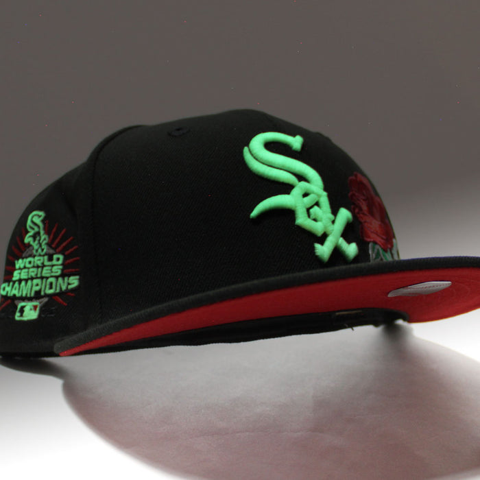 Rose Chicago White Sox 2005 World Series Champions New Era Fitted 59Fifty Hat (Glow in the Dark Black Red Under Brim)