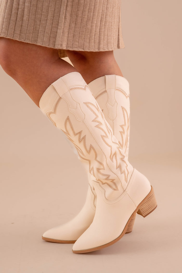 Ivory Tall Cowboy Boots- Ivory Western Boots- High Quality Faux Leather Boots- Miim Boots