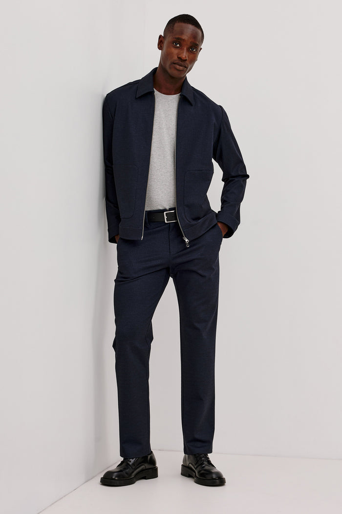 Shael Jacket in Stretch Ponte With Point Collar, Zip Front, and Double Welt Pockets in Navy Colorway - Full Body Front View Featured on Model