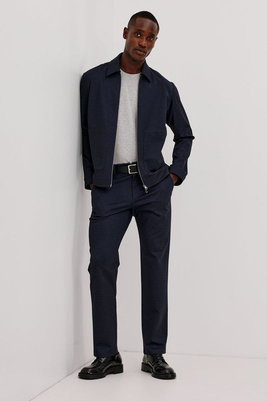 Shael Jacket in Stretch Ponte With Point Collar, Zip Front, and Double Welt Pockets in Navy Colorway - Full Body Front View Featured on Model