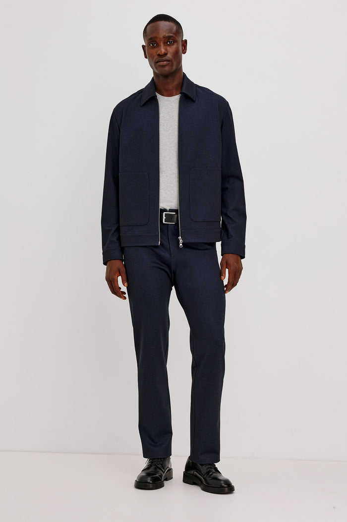 Shael Jacket in Stretch Ponte With Point Collar, Zip Front, and Double Welt Pockets in Navy Colorway - Full Body Front View Featured on Model