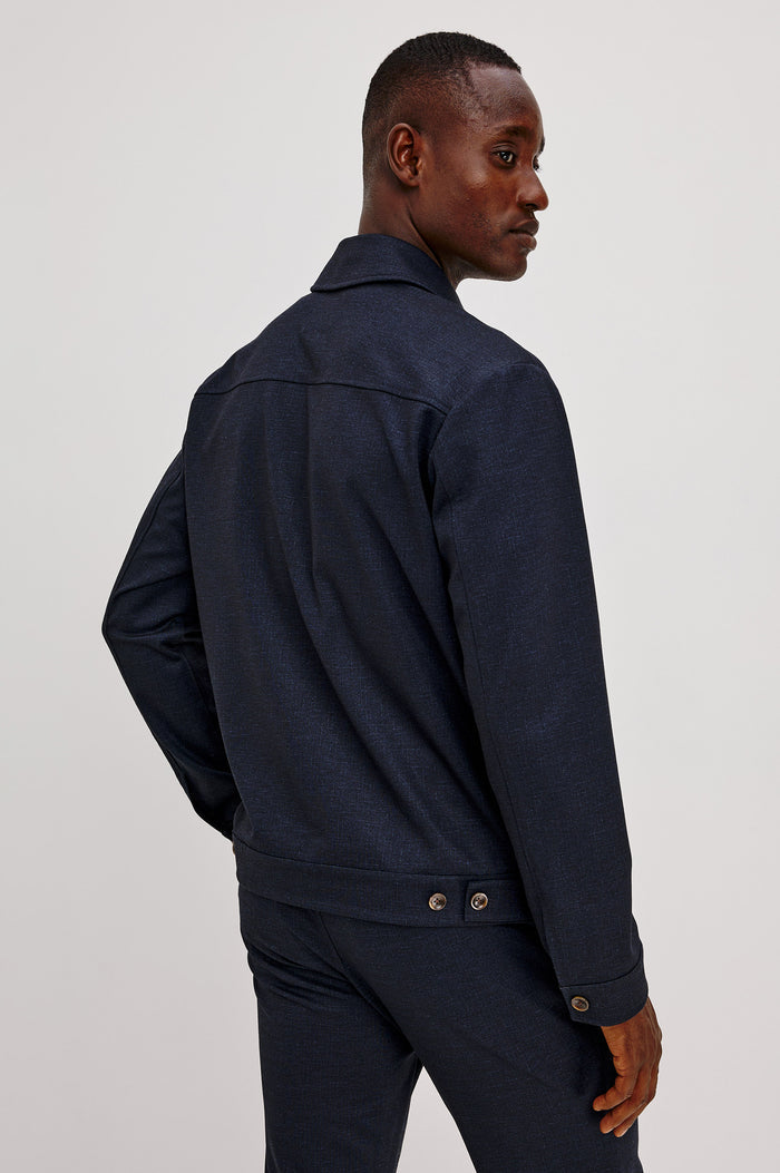 Shael Jacket in Stretch Ponte With Point Collar, Zip Front, and Double Welt Pockets in Navy Colorway - Upper Body Back View Featured on Model