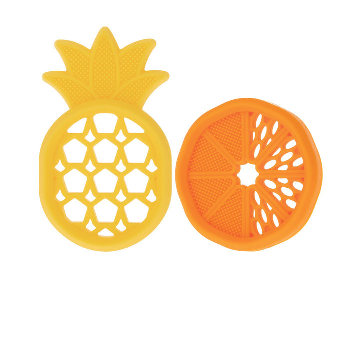 Nuby Silicone Mini Teethers (2 Pack) includes an orange slice and a yellow pineapple, both with open sections and textured surfaces to help soothe your baby’s teething discomfort.