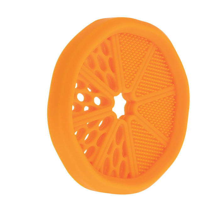 Nuby Silicone Mini Teethers (2 Pack) in Orange & Pineapple feature citrus and pineapple designs with textured surfaces and a central star-shaped hole, offering soothing teething relief for babies. Shown against a white background.