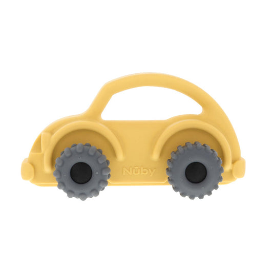 The Nuby Silicone Vehicle Teether Toy | Car is a yellow silicone teether shaped like a car with two textured grey wheels, an open window design, and the Nuby logo embossed on the side for fun and practical teething.