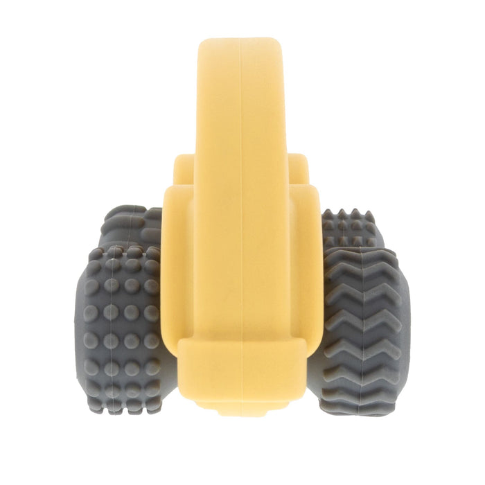 The Nuby Silicone Vehicle Teether Toy | Car is a yellow construction-themed teether with textured black wheels and a large scoop, designed to gently soothe babies’ gums.