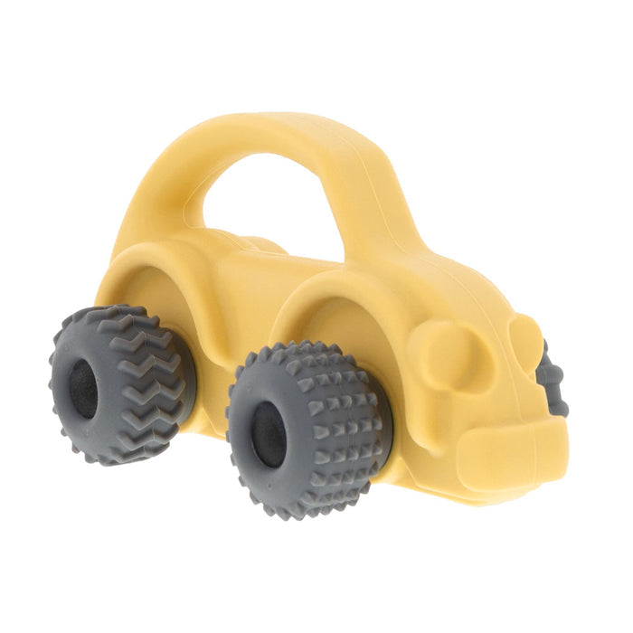 The Nuby Silicone Vehicle Teether Toy | Car is a yellow children's toy car with a smooth top handle and four large, textured gray wheels—perfect as a soothing silicone teether.