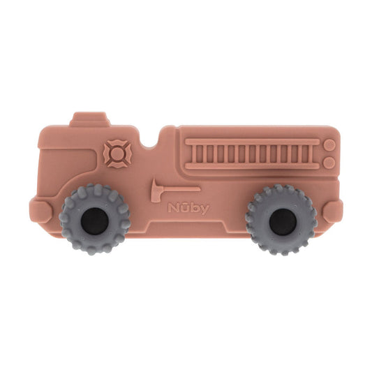 The Nuby Silicone Vehicle Teether Toy | Fire Engine is a muted brown fire truck with textured gray wheels, ladder, hose, and a fire symbol, plus "Nuby" embossed on the side.