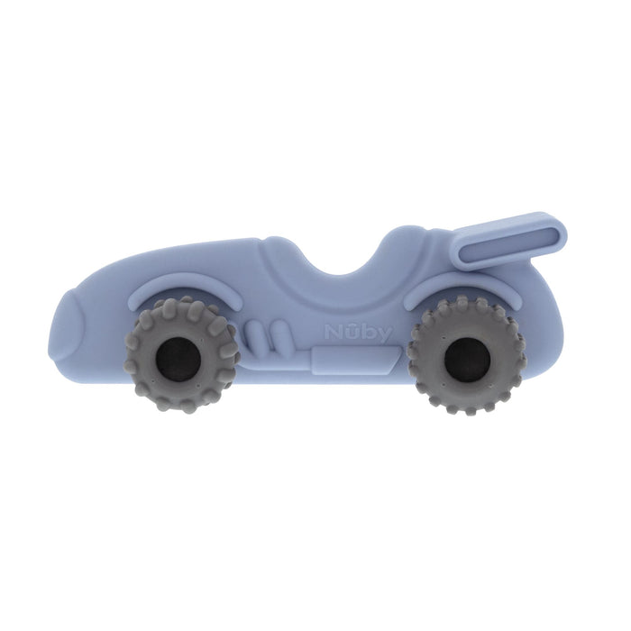 The Nuby Silicone Vehicle Teether Toy | Race Car is a blue teether with gray textured wheels and spoiler, designed to help soothe teething infants.