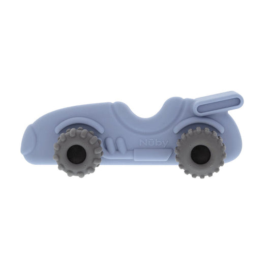 The Nuby Silicone Vehicle Teether Toy | Race Car is a blue teether with gray textured wheels and spoiler, designed to help soothe teething infants.
