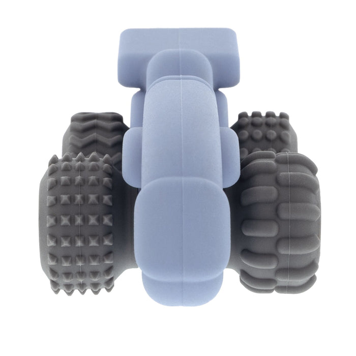 Top view of Nuby's Silicone Vehicle Teether Toy | Race Car, featuring a sleek blue silicone body and textured black wheels with distinctive treads. Its minimalistic design is ideal for little hands and provides engaging textures for teething relief.