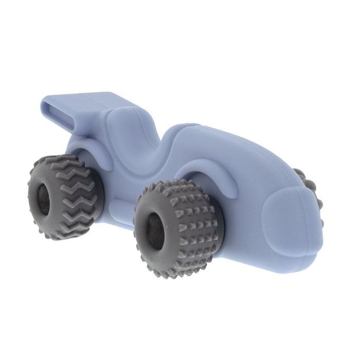 The Nuby Silicone Vehicle Teether Toy | Race Car is a blue minimalist teether with four large textured black wheels and smooth, rounded edges—perfect for soothing baby’s gums, shown against a clean white background.