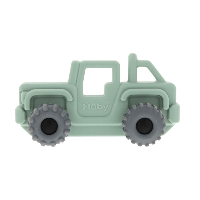 The Nuby Silicone Vehicle Teether Toy | Truck is a light green, truck-shaped baby teether with two large, textured gray wheels and "Nuby" embossed on the side.