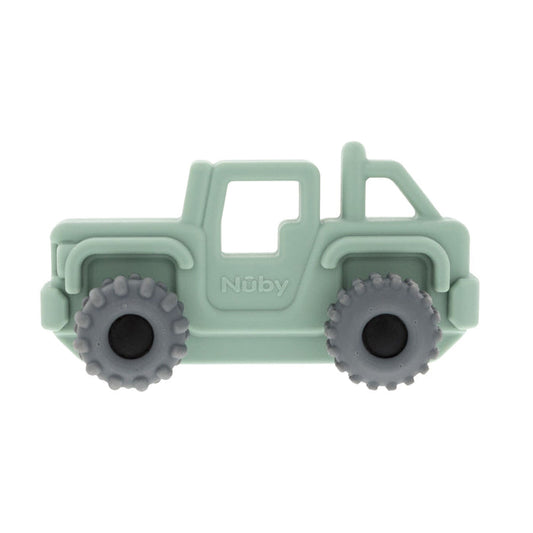 The Nuby Silicone Vehicle Teether Toy | Truck is a light green, truck-shaped baby teether with two large, textured gray wheels and "Nuby" embossed on the side.