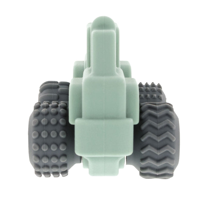 The Nuby Silicone Vehicle Teether Toy | Truck features a pale green body, large textured black wheels with visible tire treads, and is designed to soothe teething babies.