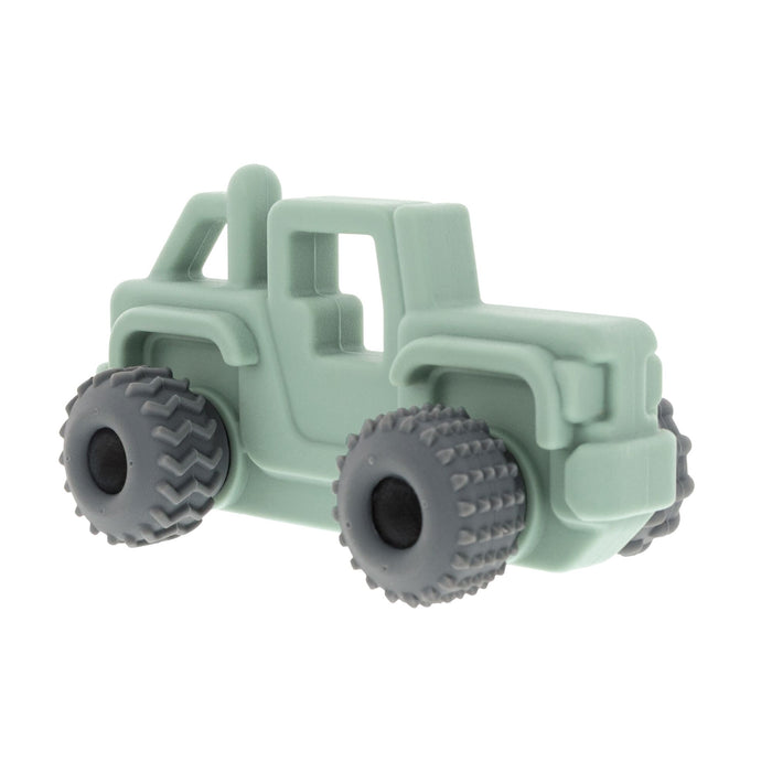 The Nuby Silicone Vehicle Teether Toy | Truck is shown in light green with large textured gray wheels and a simple, blocky design featuring open windows, displayed on a white background.