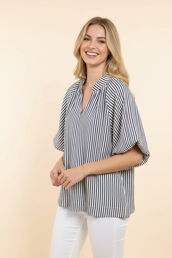 Simply Striped Royal Blue & Ivory Textured Bubble Sleeve Top