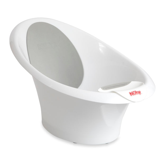 The white Sit and Bathe Compact Bathtub features a gray backrest, high sides, a Nuby logo on the front, and offers secure, freestanding support for infant bathing.