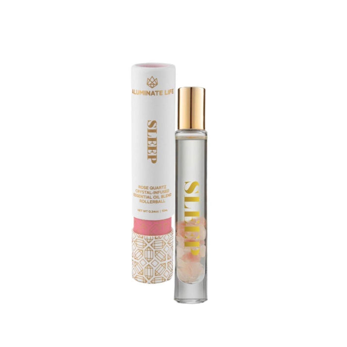 Sleep Essential Oil Rollerball | Aluminate Life with crystal-infused blend in a clear glass bottle and elegant gold cap, designed for calming body care and wellness.