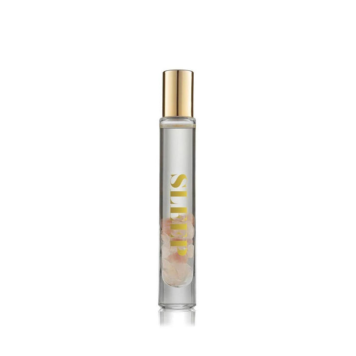 Sleep Essential Oil Rollerball | Aluminate Life in a clear glass bottle with gold cap, containing a transparent liquid and rose quartz crystals inside, designed for wellness and relaxation.