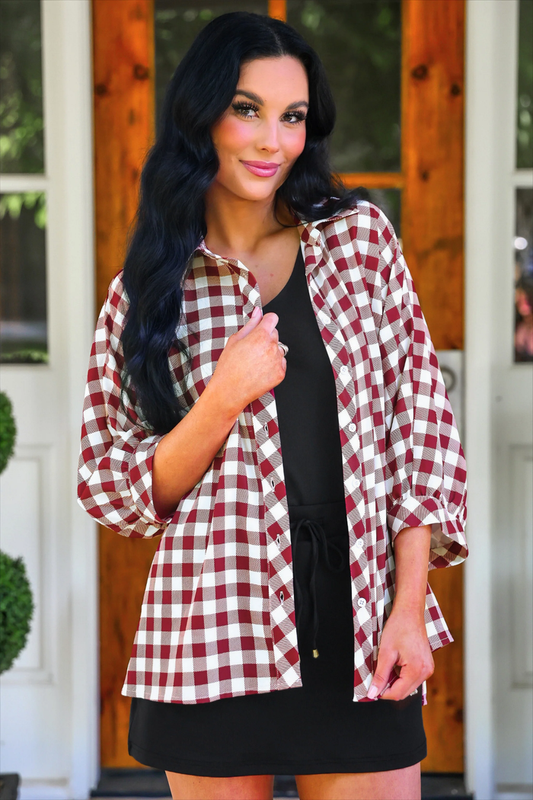 Sloane Burgundy Gingham Button Up Oversized Top - Jess Lea