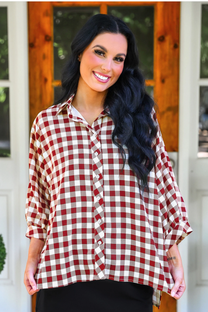 Sloane Burgundy Gingham Button Up Oversized Top - Jess Lea