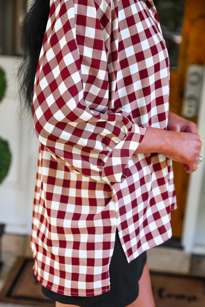 Sloane Burgundy Gingham Button Up Oversized Top - Jess Lea