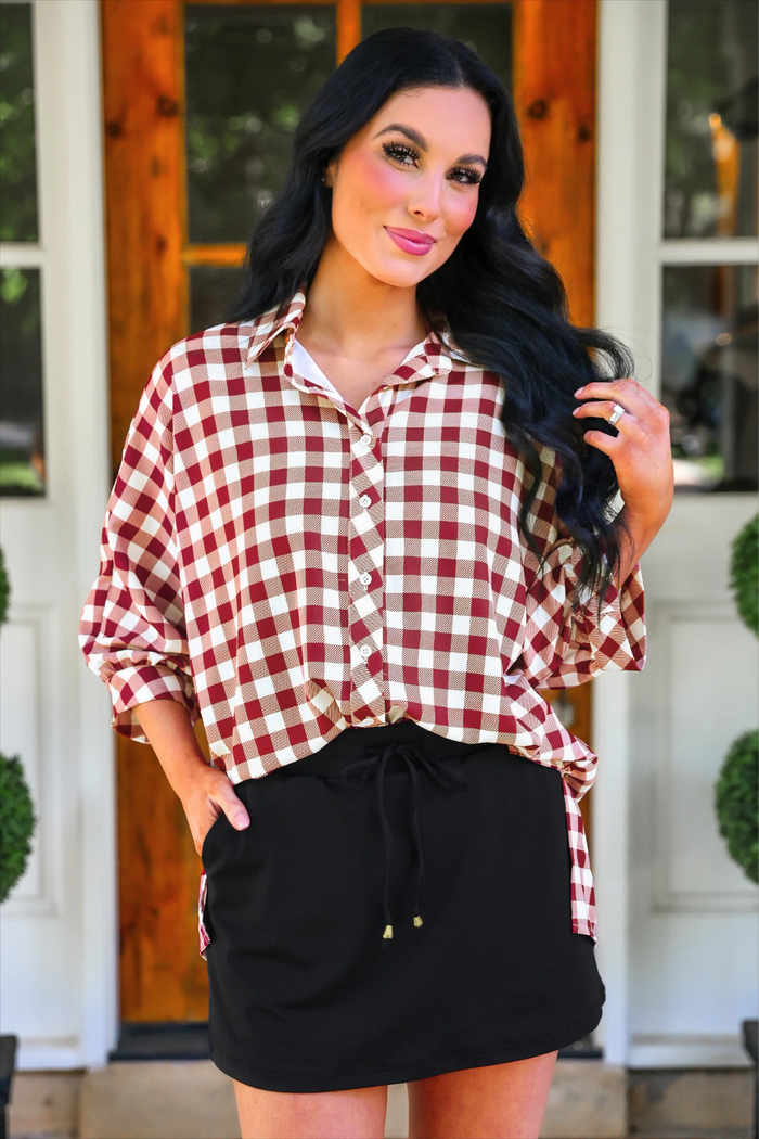 Sloane Burgundy Gingham Button Up Oversized Top - Jess Lea