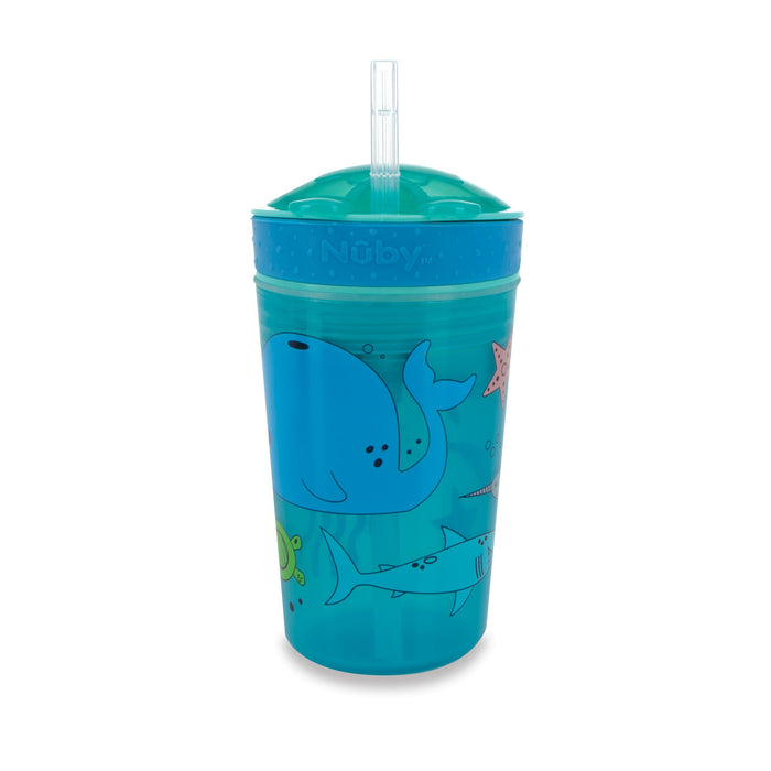 The Snack ’N Sip Cup (2 Pack) | Space & Marine Life includes a blue 2-in-1 cup with a clear soft silicone straw and lid, decorated with illustrated sea animals such as a whale, starfish, and fish.