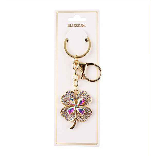 Sparkling Four-Leaf Clover Keychain – Rhinestone Lucky Charm Key Ring, Available in Gold and Silver Tones (IKC-831)