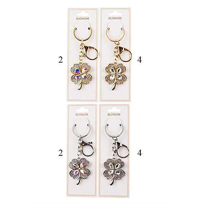 Sparkling Four-Leaf Clover Keychain – Rhinestone Lucky Charm Key Ring, Available in Gold and Silver Tones (IKC-831)