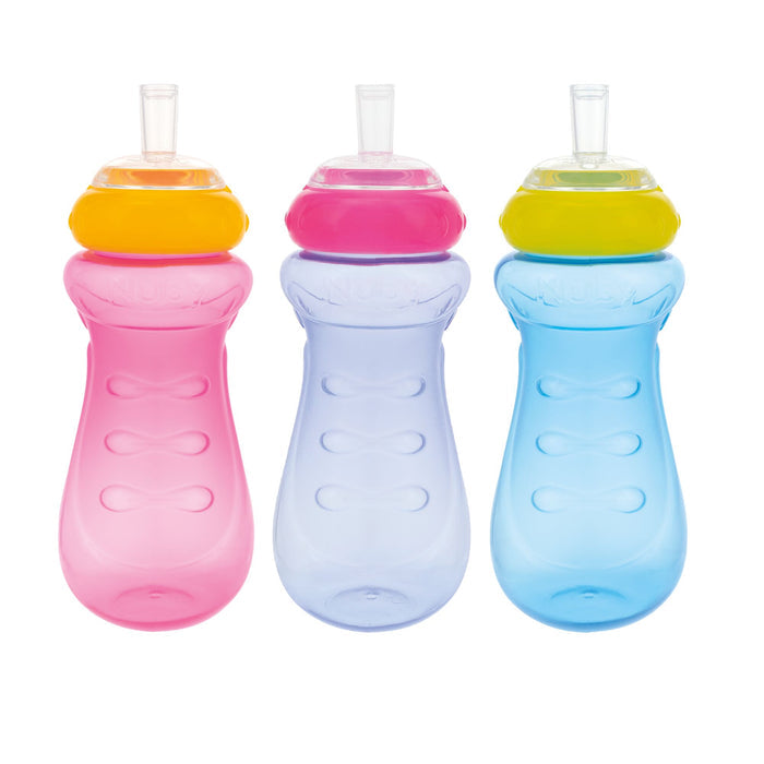 The Nuby Sports Sipper Cup (3 Pack) features leak-proof, easy-grip cups in pink, purple, and blue for toddlers. Each cup has a rounded top and straw, shown side by side on a white background.