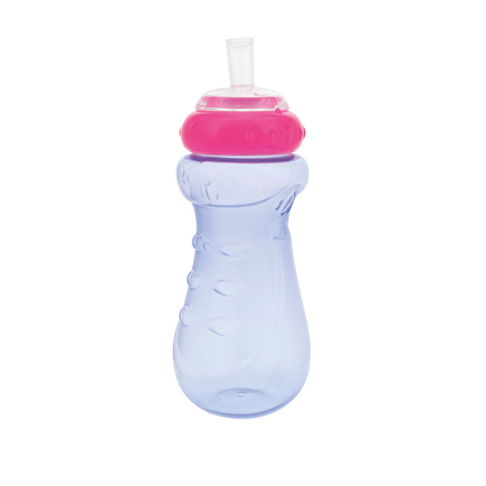 The Nuby Sports Sipper Cup (3 Pack) in Pink, Purple, and Blue features a curved, translucent design for toddlers with a leak-proof lid and built-in straw—ideal for active kids on the go.