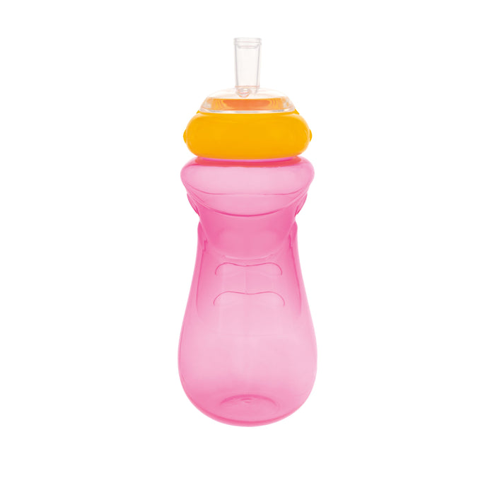 A Nuby Sports Sipper Cup (3 Pack) in pink, purple, and blue, made of plastic with an orange and transparent leak-proof lid, is displayed upright on a white background.