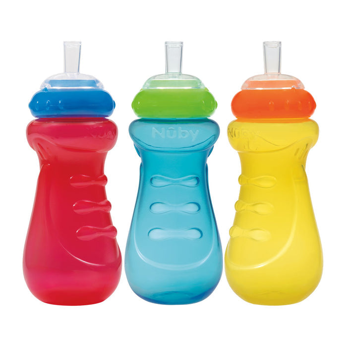 The Nuby Sports Sipper Cup (3 Pack) comes in red, blue, and yellow. Each reusable toddler straw cup has leak-free lids and textured grips—perfect for active kids. Nuby branding appears near the top of each cup.