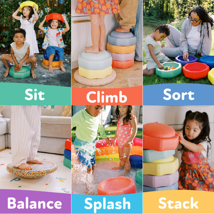 Six images feature kids playing indoors and outdoors with StepPebbles and FREE Balance Board | Pastel: sitting, climbing, sorting, balancing, splashing by water, and stacking. Each activity has a bold label: Sit, Climb, Sort, Balance, Splash, Stack.