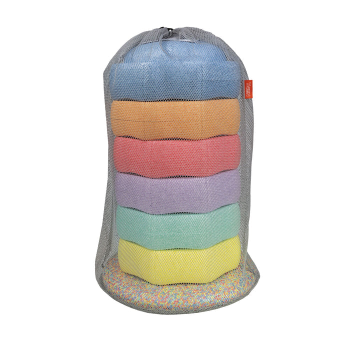 StepPebbles and FREE Balance Board | Pastel includes six stacked foam stepping stones in blue, orange, pink, purple, yellow, and a multicolored speckled cushion in a mesh bag—great for indoor or outdoor play.