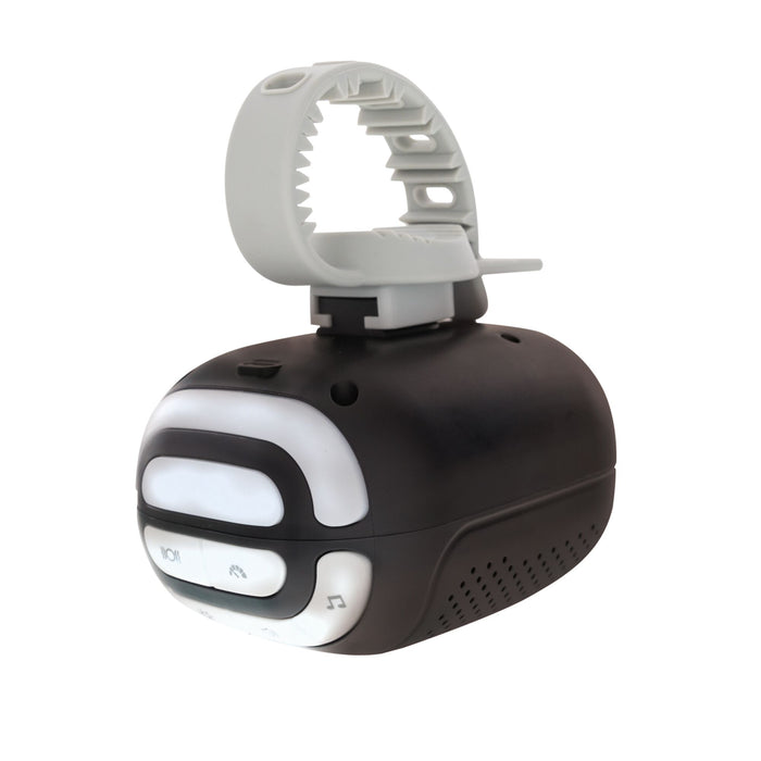 The Nuby Stroller Rocker is a black and white electronic device with buttons, soothing sounds, vented sides, a rounded shape, and a large adjustable clamp to attach securely to strollers or similar cylindrical objects.