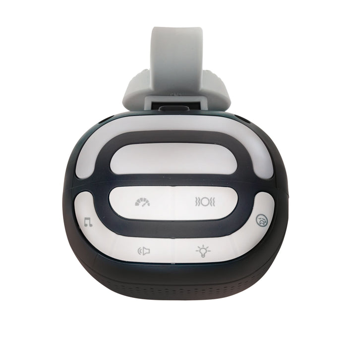 The Nuby Stroller Rocker is an oval-shaped electronic device with a top clip and multiple buttons for music, lighting, and soothing sounds on a white and black interface, shown against a white background.