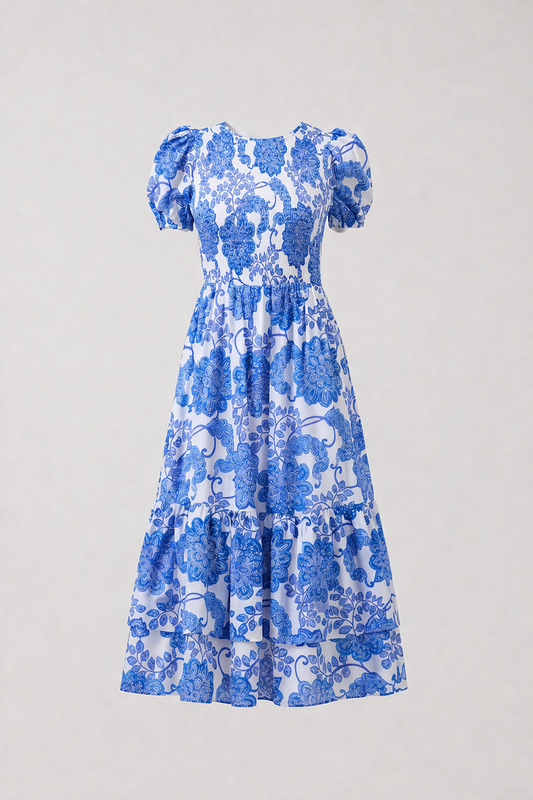 Sugarlips Aruba Blue Floral Smocked Puff Sleeve Midi Dress